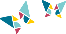 Deux papillons composés à la façon d'un tangram, avec des formes géométriques jaune, rose, verte et bleue