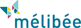 logo Mélibée: un papillon composé comme un tangram, avec des formes géométriques colorées et la marque Mélibée écrite en dessous