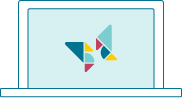 Ecran d'ordinateut avec le papillon du logo Mélibée, composé de formes géométriques comme un tangram